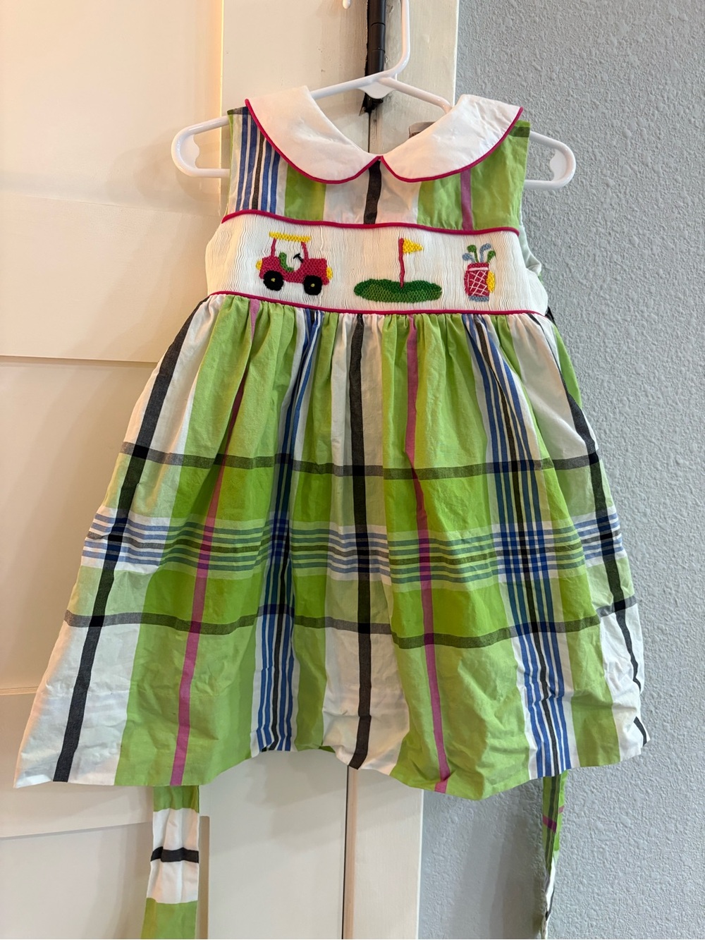 Girls Green Plaid Golf Smocked Dress with Peter Pan Collar